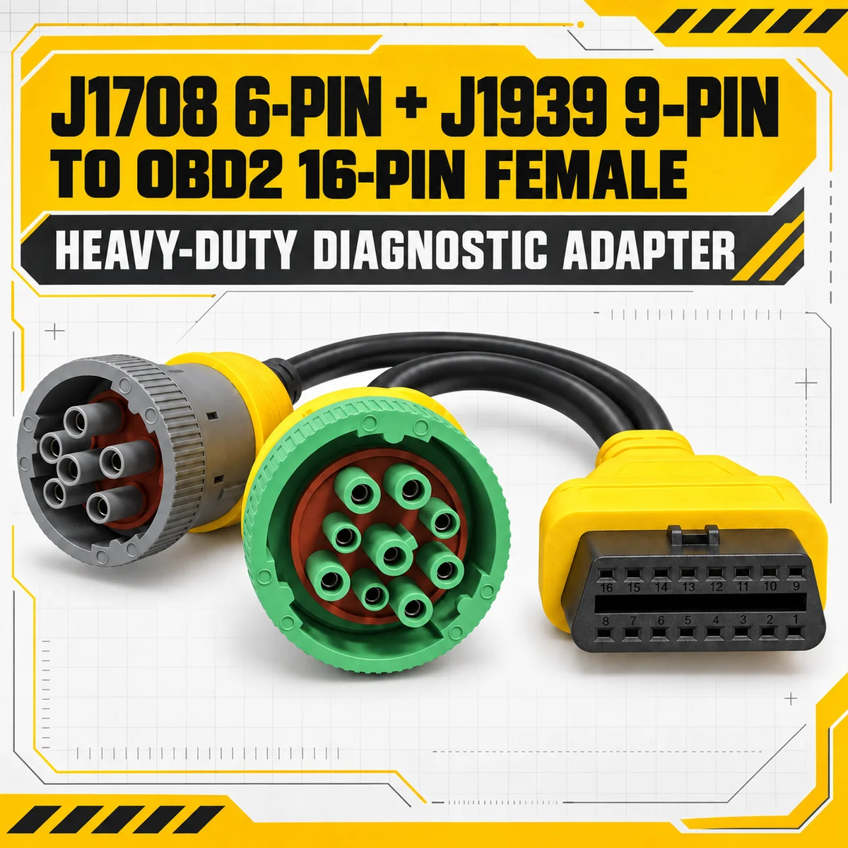 PRIMOTIX Heavy-Duty Y-Adapter Cable - Green 9-Pin + Gray 6-Pin to OBD2 16-Pin Female