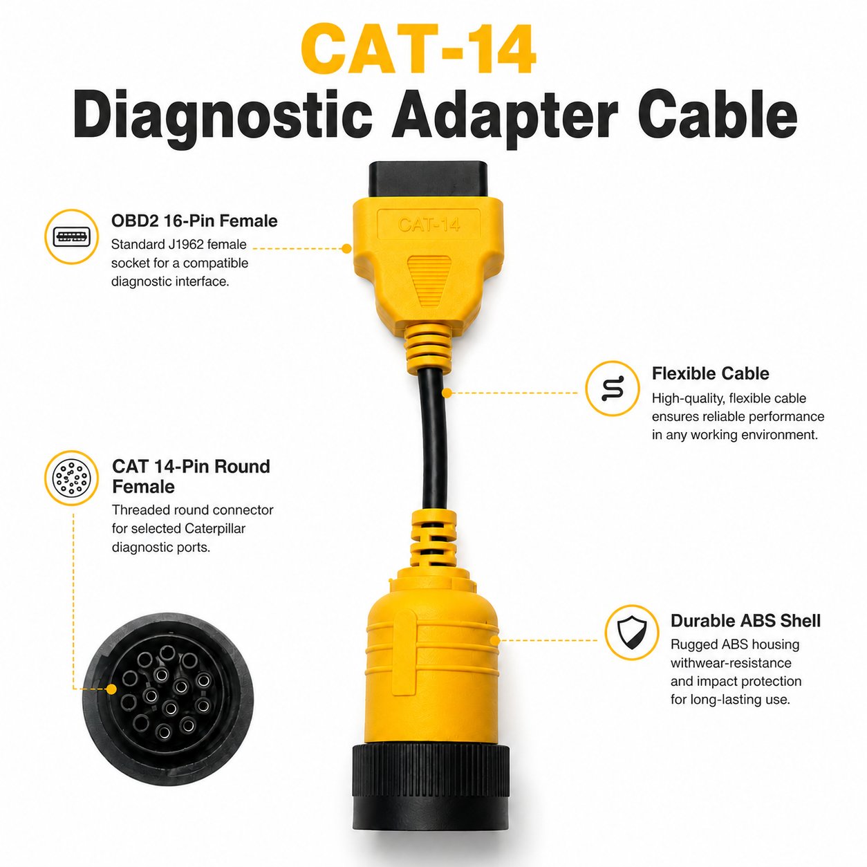 PRIMOTIX CAT-Style 14-Pin Round to OBD2 16-Pin Female Diagnostic Adapter Cable